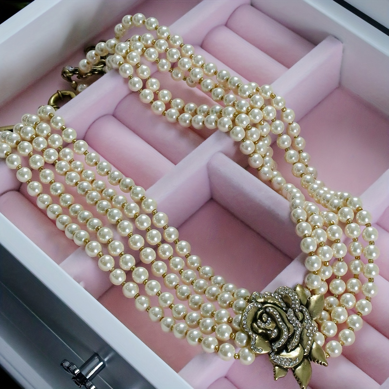 Vintage Glass Pearl Necklace with 3D Rose Pendant